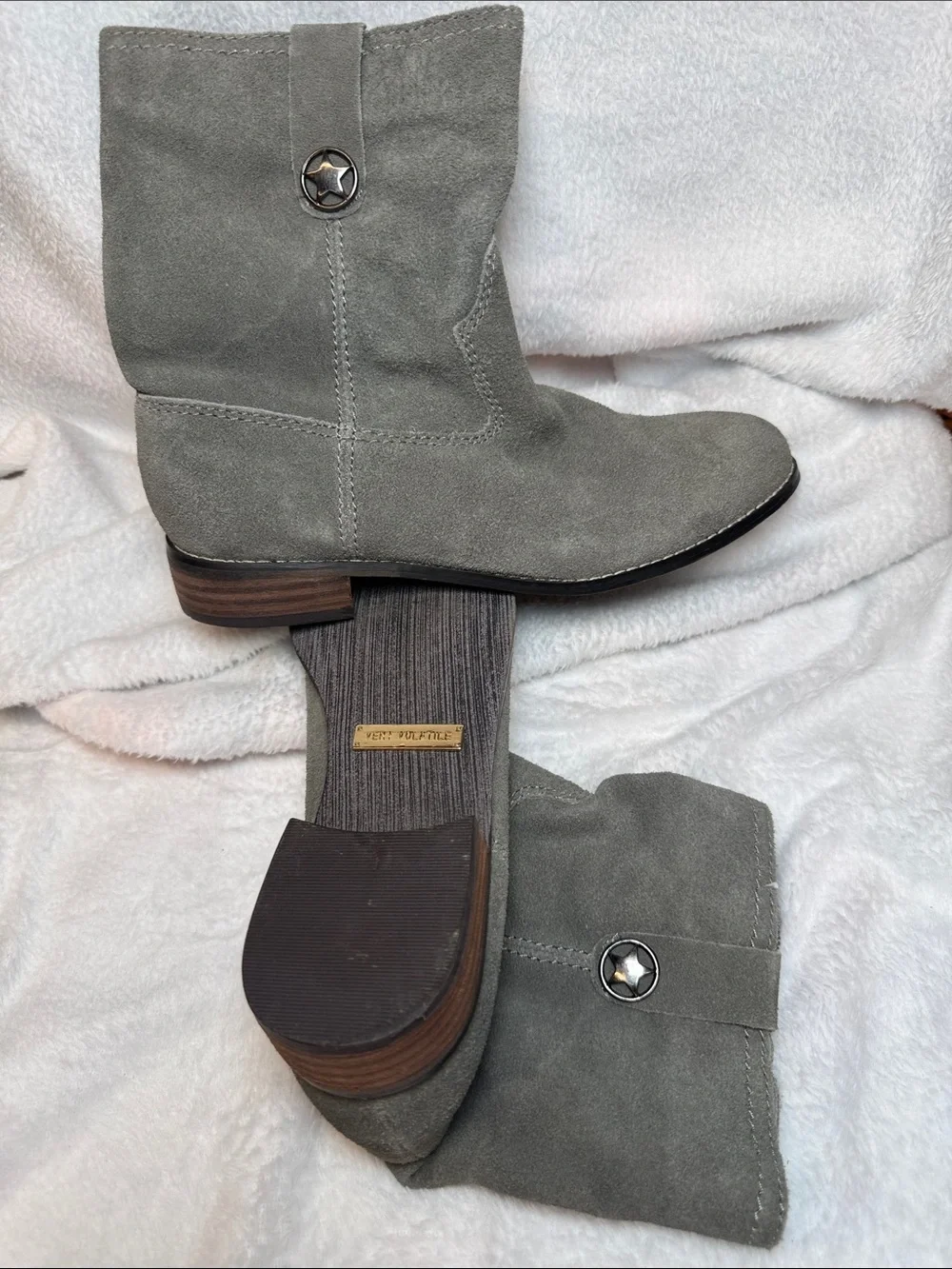 Very Volatile Olive Suede Ankle Booties with Metal Logo
